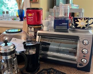 Kitchen items including toaster over, French press, popcorn maker