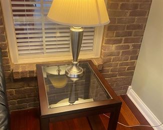 End table & lamp.  Table also has a solid "nesting" table that rests under it. 