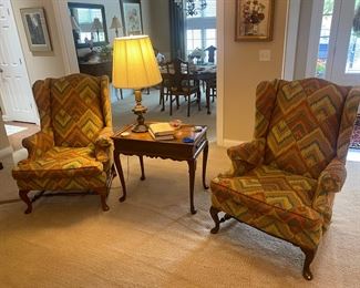 Flame-stitch wing-back Queen Anne chairs, great condition, non-smoking home.  Tea Table & lamp also for sale.  Chairs & table are Ethan Allen.  