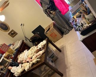 Antique Bisque Doll Collection.  Antique Clothes. Fine antique furniture.  Leather etc