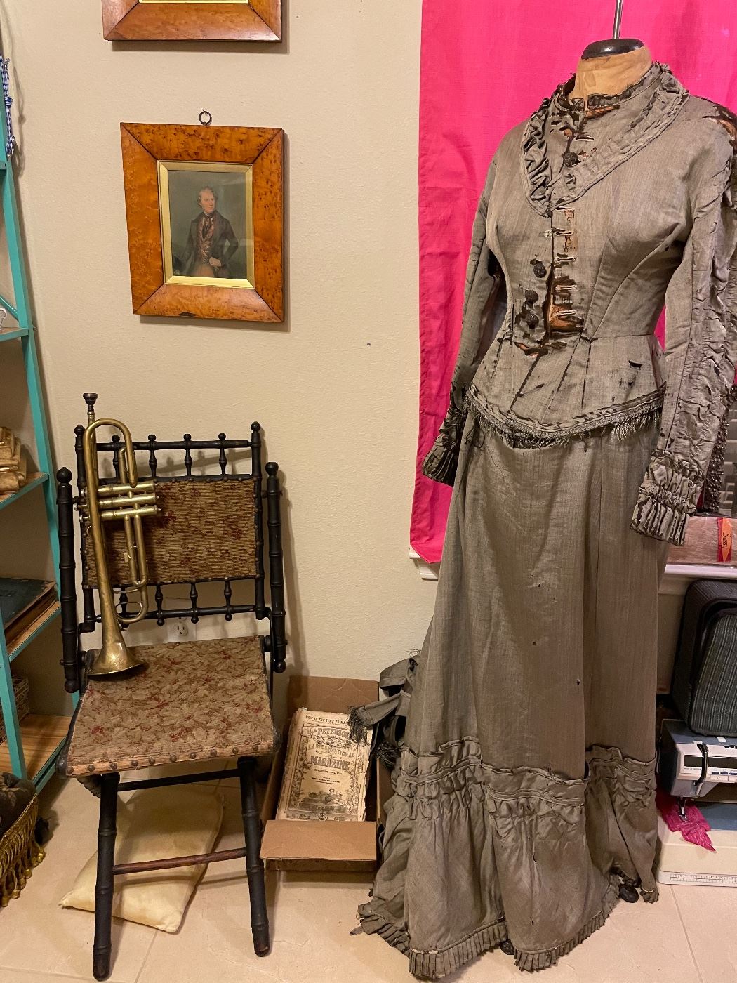Antique dress form with Antique Gown, also folding Victorian Chair