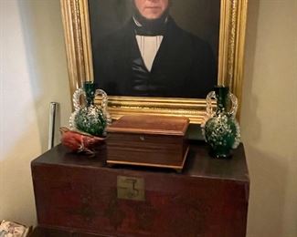 Painted and carved Asian style top opening chest on two drawer cabinet