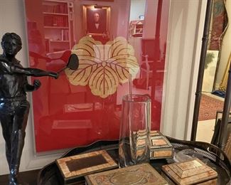 Antique framed Chinese Wedding Kimono  fabric, boxes, Tennis player bronze statue