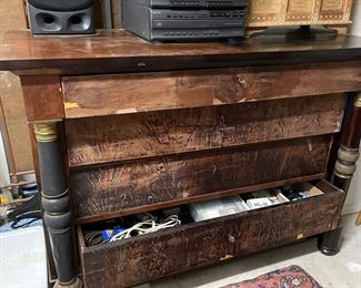 Antique Chest in Repair Stages , antique Rugs, Stereo System 