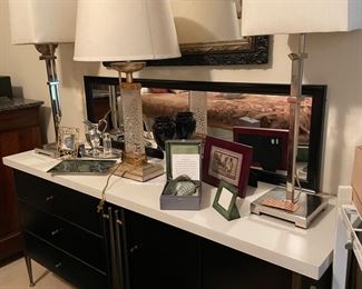 Mid Century Black Credenza, pair of Chrome Lamps