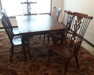 Dining Table with chairs Set
Six ,Highback, Windsor-style chairs
Table has pullout extensions
 Solid wood , Quality made set
