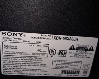 Sony 55" television  Oct 2020