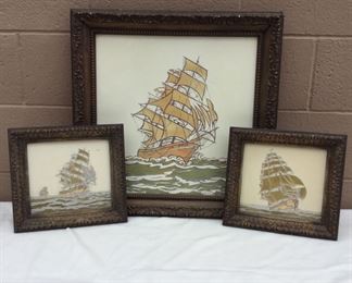 Beautiful Full Sail Ships In Open Waters Accented W Textured Silver by Robin