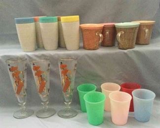 Mid Century Pilsner Beer Calypso Themed Glasses Cornish Alladin Raffia Vintage Cups and Mugs.