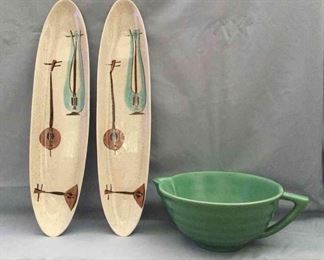 Red Wing Lute Song, Vtg. 50s Bread Trays Serving Platters Bauer Ringware Jade Green Batter Bowl