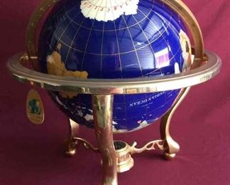 SL Falash Handcrafted World Globe with Natural Gemstone Inlaid.