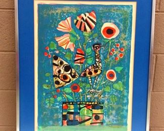 Still Live with Flowers and Bird Signed Numbered By Paul Aizpiri. Beautiful Vibrant Colors