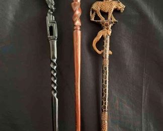 Three Hand Carved African Tribal Wooden Walking Sticks