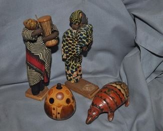 African dolls, gourd and clay armadillo 