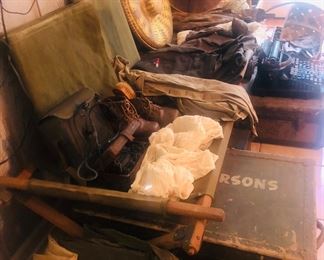WW11 Army Cot, Uniforms and Boots, Foot locker, Typewriter