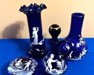 Mary Gregory painted cobalt blue glassware