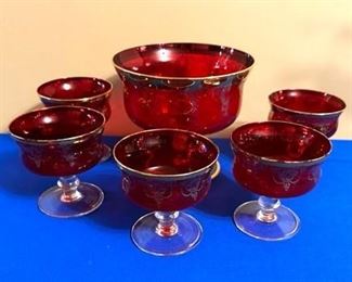 Ruby & Gold 1950's hand blown glass trifle compote and dessert cups