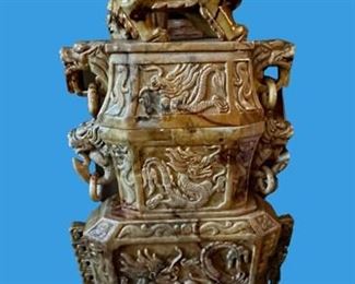 Chinese sandstone sculptures, approx. 40" tall. Urn with foo dog lid and rings (there are 2 of these)