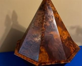 Juniper wooden pyramid box with green velvet lining, approx. 15" tall