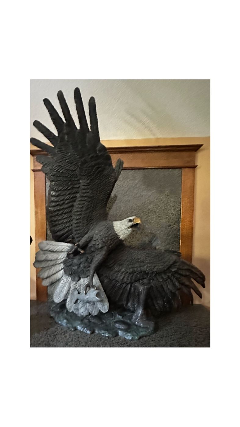 "Windwalker with Trout" 58" tall, this creation is by sculptor Kitty Cantrell. This is made from a combination of materials including bronze, pewter, brass, copper, 24 kt. gold vermeil. This item is for immediate sale $18,000, please call for details Call 612-462-2293 or email abernstein@willmatthill.com
https://kittycantrell.com/about/. https://www.manitouj.com/cantrell/windwalker.htm