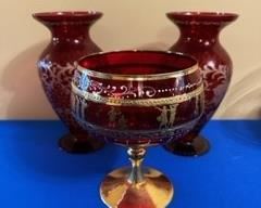 Ardult Italian glass ruby red compote bowl with two vintage bohemian glass vases