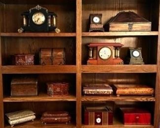 Antique mantle clocks, humidors and collectable treasure boxes.