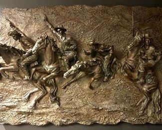 Bronze-like cowboy and horse wall hanging