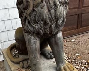 Large outdoor metal lion statues (on cement pedestal) Sold as a set of 2. Lion is 48" tall x 23" wide x 40" deep (cement is approx. 16" tall x 42" deep) For immediate sale $3,500 for the pair, please call 612-462-2293 for details.