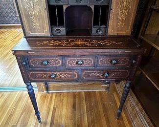 Antique wood inlay small writing desk