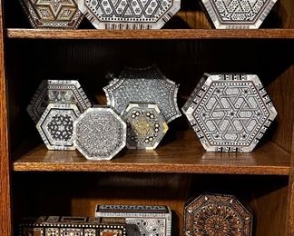 Marquetry boxes from Morocco, Egypt, Syria and other countries; many shapes and sizes