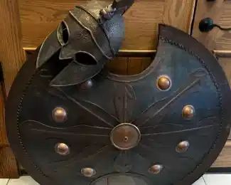 Life-sized Spartan Warrior Shield and Macedonian Helmet