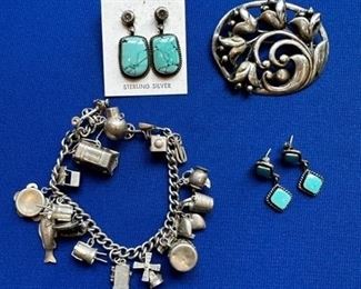 Sterling jewelry including turquoise and Danish signed pin