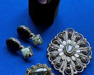 Sterling jewelry including onyx and turquoise earrings and sterling and green stone pin from Israel 