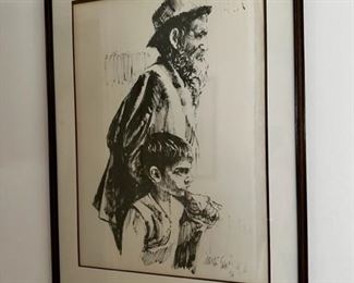 Old man and a boy lithograph by Moshe Gat