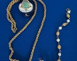 14k jewelry including Opal ring and pearl and gold bracelet and 14k necklace