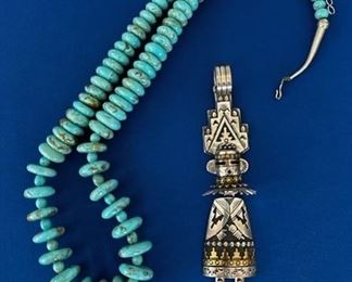 Turquoise necklace with sterling and vintage sterling Kachina pendant