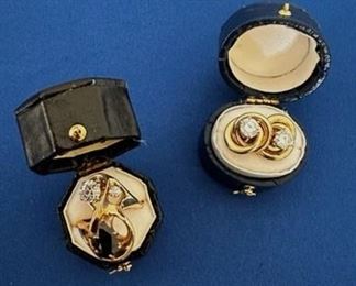 14kt. gold ring w/pear cut blue sapphire and 2 diamonds .75 ct. SI-G; 14kt diamond earrings and jackets (total diamond wt. 1.25 ct.) VS-H