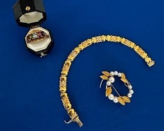 14k gemstone ring, 14k bracelet, 14k and pearl brooch