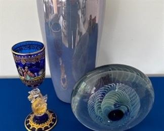 Robert Eickholt signed art glass and Murano Venetian glass wine goblet fish dolphin on stem