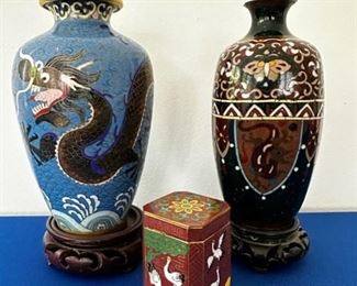 Cloisonne vases and box