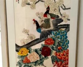 Framed Asian hand painted silk