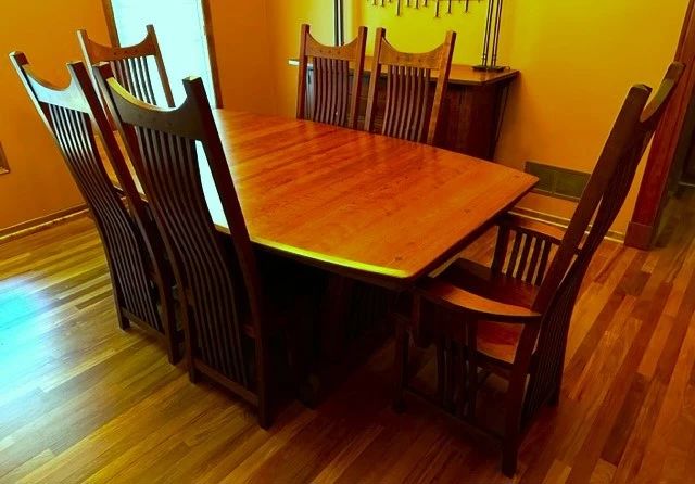 Amish Dining Room Table and Chairs from Welcome Amish Furniture in Albertville, set includes table with two leaves and six chairs