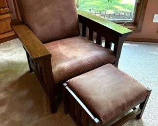 Amish Slat Morris Chair and Ottoman, with leather