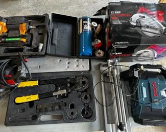 Tool Shop 12 AMP 7 1/4 circular saw, Bostitch 18GA Crown Stapler, Apollo Pex Crimp Tool Set, Bosch 12V Radio
