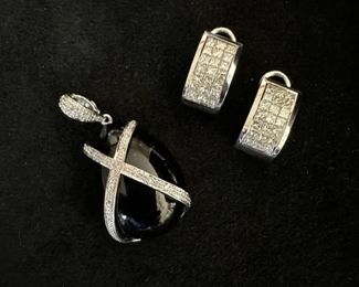 14kt onyx pendant with small diamond and 18k 10.55 gram earrings 