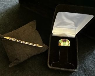 14kt diamond sapphire pin and 14kt inlaid stone ring size 6.5