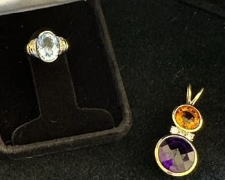 14kt blue topaz and diamond ring size 6 and 14kt ameth and citrine diamond pendant 