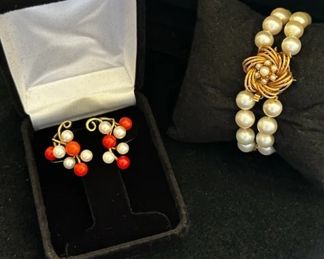 14kt vintage pearl and coral earrings and 18kt pearl bracelet 8mm pearls 