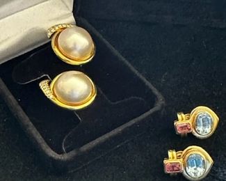 18kt "cellino" diamond and pearl earrings and 18kt blue topaz pink tourmaline earrings 