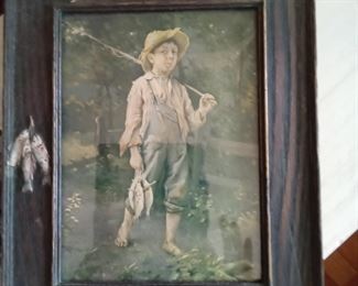 1930 Antiquebfishing m9tif Frame with Pr8nt by Wikowsi